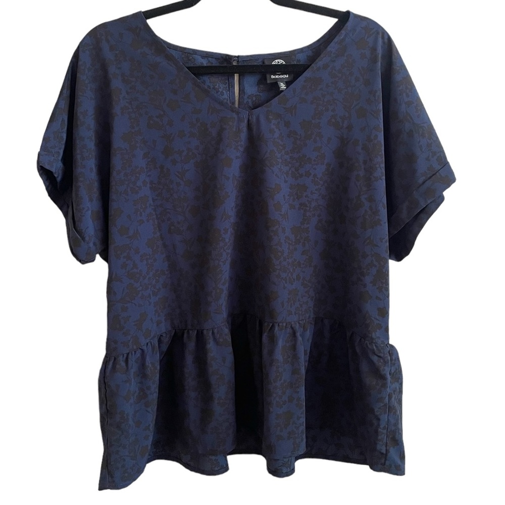 Bobeau Peplum Ruffle Blouse Top in Blue and Black Floral, Size Extra Large, XL